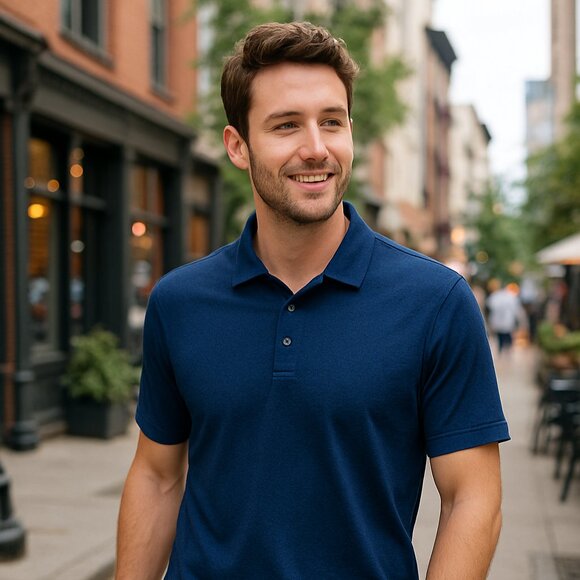 Hart Schaffner Marx Navy Blue Geometric Polo Shirt - Size Large - Picture 1 of 8